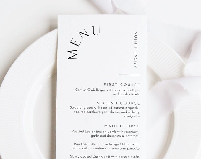 Minimalist Menu Template, Place Card Menu, Printable Modern Wedding Dinner Menu Card, 100% Editable, INSTANT DOWNLOAD, Templett #0026B-224WM