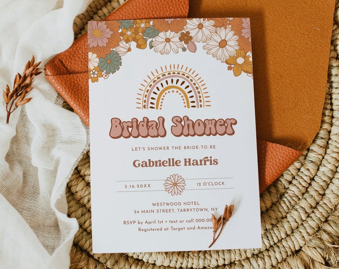 Groovy Bridal Shower Invitation, Bohemian, Terracotta, Earth Tones, Retro, Boho, Editable Template, Instant Download, Templett #050-325BS