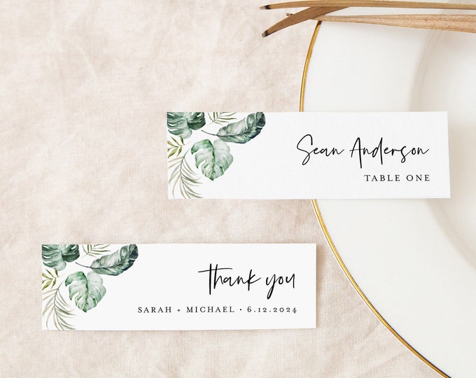 Tropical Place Card Template, 100% Editable, Printable Skinny Buffet Card, Name Card, Favor Tag, Slim, Beach Wedding, Templett #087-199PC