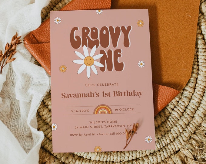 Groovy One Birthday Invitation, Hippie, Retro, 70's Vibe, 1st Birthday Invite, First, Editable Template, Instant, Templett #051-122BD