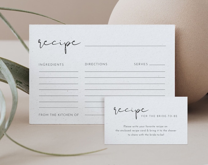 Minimalist Recipe Card and Recipe Request Insert, Printable Modern Bridal Shower Recipe Insert, Editable Template, Templett #0031-135RC