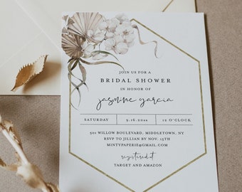 Pampas Bridal Shower Invitation Template, Bohemian Dried Palm Foliage Wedding Shower Invite, 100% Editable Text, Templett #0022-297BS