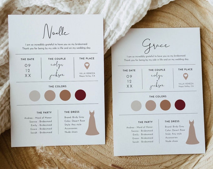 Bridesmaid Info Card Template, Bridal Party Info Card, Bridesmaid Information Card, Modern Minimalist Bridesmaid Infographic #0031-101BIC