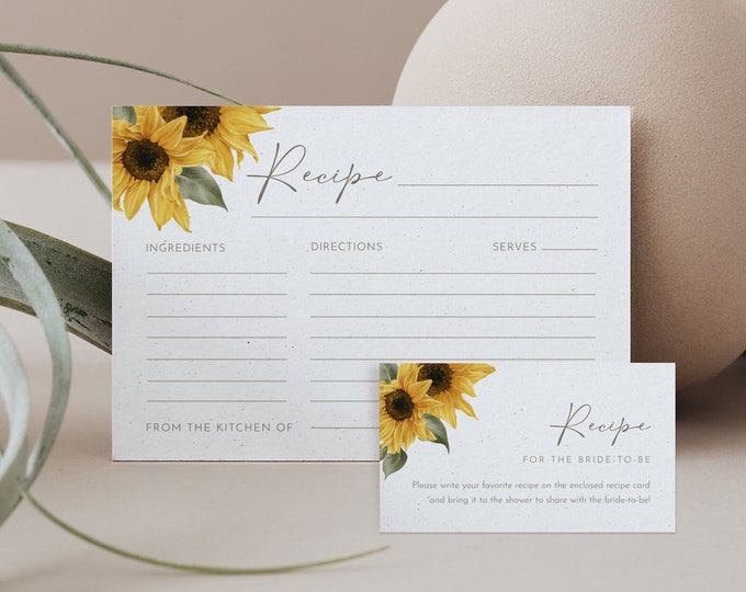 Sunflower Recipe Card Template, Bridal Shower Recipe Card & Request, Instant Download, 100% Editable Text, Templett, 3.5x5, 4x6 #047-140RC