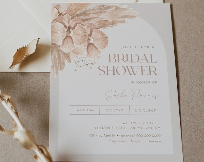 Boho Pampas Bridal Shower Invitation Template, Bohemian, Terracotta Couples Shower Invite, Wedding Shower, 100% Editable, Instant #028-319BS