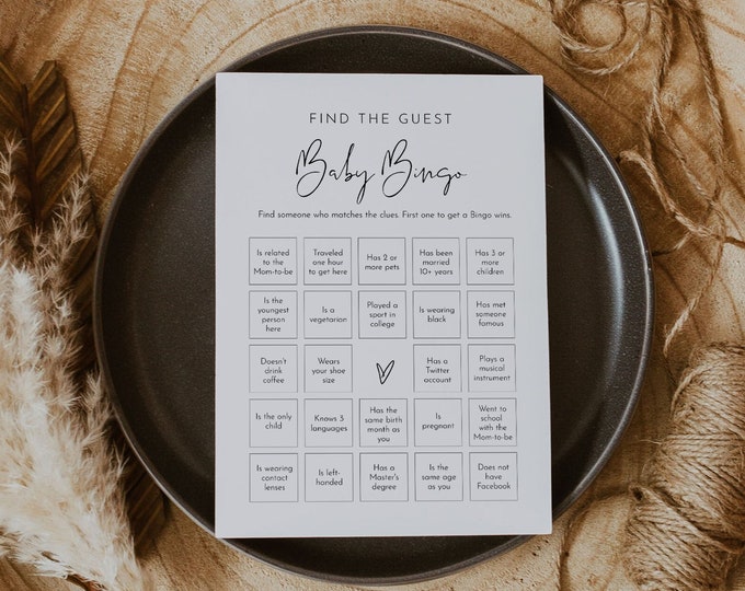 Baby Bingo Game, Find the Guest, Icebreaker, Printable Minimalist Baby Shower Game, Instant Download, Editable, Templett #0031-31BAG