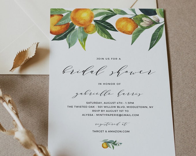 Citrus Bridal Shower Invitation Template, INSTANT DOWNLOAD, Printable Summer Wedding Shower Invite, Orange Greenery, Templett #084-237BS