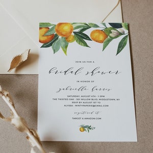 Citrus Bridal Shower Invitation Template, INSTANT DOWNLOAD, Printable Summer Wedding Shower Invite, Orange Greenery, Templett #084-237BS
