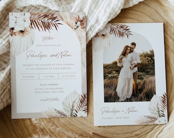 Bohemian Photo Wedding Invitation Set, Pampas Grass, Palm, Boho, Arch, Editable Template, Printable, Instant Download, Templett 2022 #0028AB