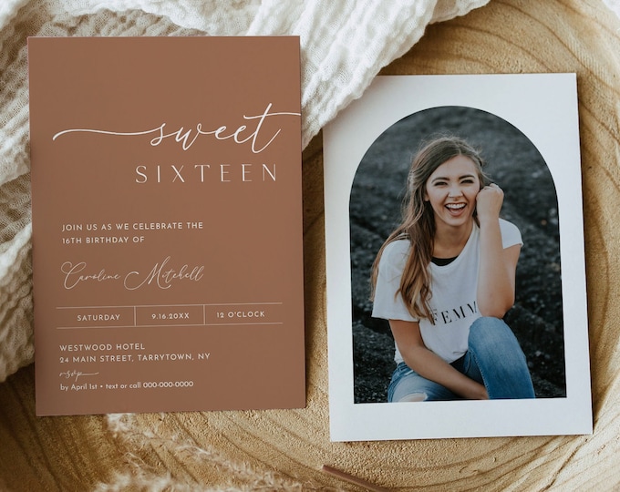 16th Birthday Invite, Modern Birthday Party Invitation, Photo Sweet Sixteen Birthday Card, Terracotta, Editable, Templett #029-117BD