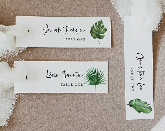 Tropical Place Card Template, 100% Editable, Printable Skinny Escort Card, Name Card, Favor Tag, Slim, Beach Wedding, Templett #083-196PC