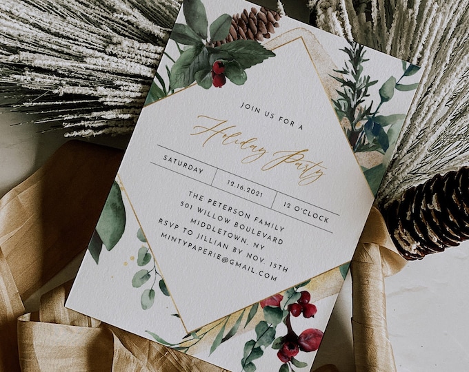 Holiday Party Invitation, Printable Pine and Holly Christmas Party Invite, Holiday Dinner, Editable, Instant Download, Templett #0018-101HP