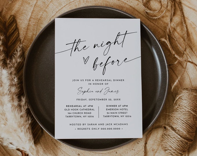 Rehearsal Dinner Invitation Template, Minimalist Rehearsal Invite, Modern, Night Before, Editable, Instant Download, Templett #0034W-160RD