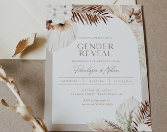 Bohemian Gender Reveal Invitation Template, Boho Gender Party, Print or Digital, 100% Editable text, Instant Download, Templett #0028A-106GR