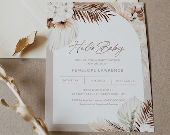 Bohemian Baby Shower Invitation, Baby Shower Invite, Boho, Pampas, Dried Foliage, Editable Template, Instant Download, Templett #0028A-222BA
