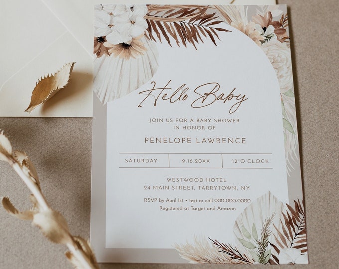 Bohemian Baby Shower Invitation, Baby Shower Invite, Boho, Pampas, Dried Foliage, Editable Template, Instant Download, Templett #0028A-222BA