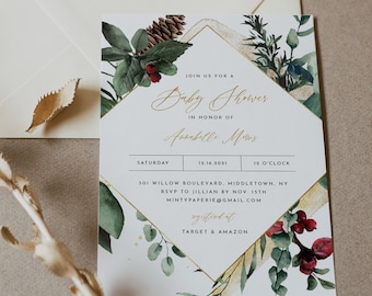 Peut inclure: Une invitation à une baby shower avec un motif floral, un cadre doré en forme de losange et du texte. L'invitation comprend le texte "Baby Shower" et les détails de l'événement. Une enveloppe et des éléments décoratifs sont également présents.