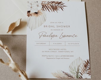 Boho Bridal Shower Invitation Template, Dried Foliage, Palm, Pampas, Wedding Shower, 100% Editable Text, Instant Download #0028A-302BS
