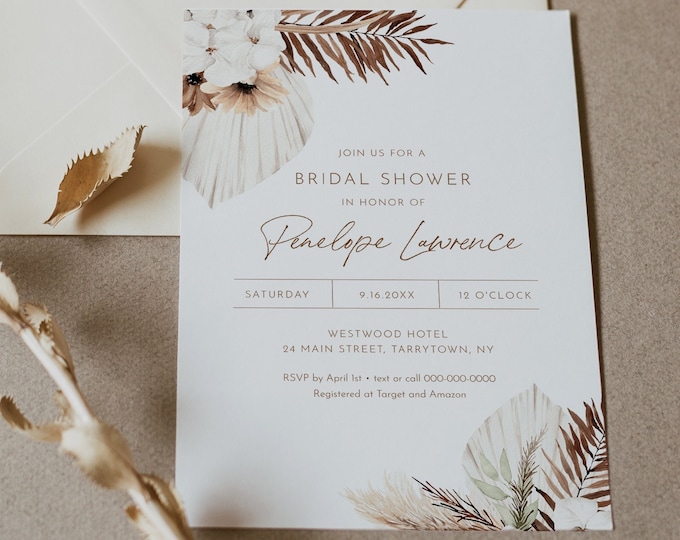 Boho Bridal Shower Invitation Template, Dried Foliage, Palm, Pampas, Wedding Shower, 100% Editable Text, Instant Download #0028A-302BS