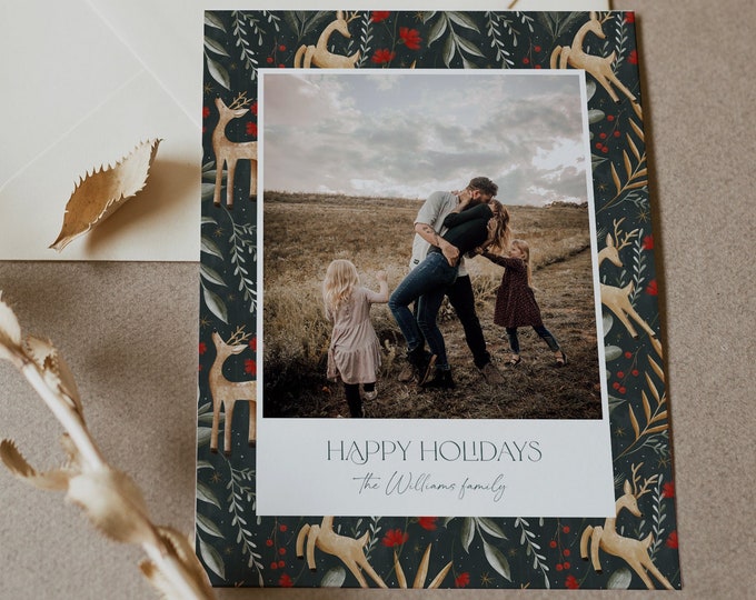 Photo Holiday Card Template, Modern Reindeer Christmas Card, Greenery, Editable, Add Your Photo, Instant Download, Templett, 5x7 #143HP