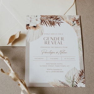 Boho Gender Reveal Uitnodiging Sjabloon, Boho Gender Party, Print of Digital, 100% bewerkbare tekst, Instant Download, Templett #0028A-106GR