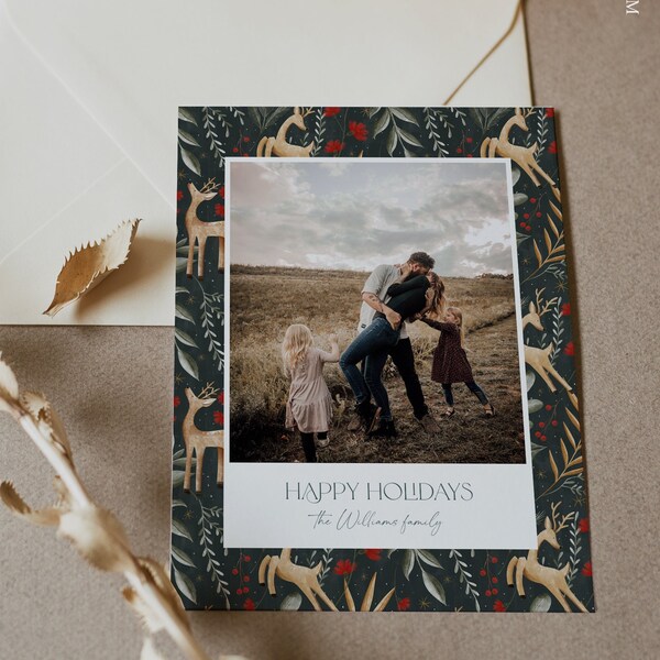 Photo Holiday Card Template, Modern Reindeer Christmas Card, Greenery, Editable, Add Your Photo, Instant Download, Templett, 5x7 #143HP