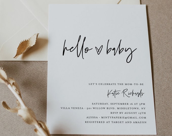 Minimalist Baby Shower Invitation, Minimal Baby Shower Invite, Hello Baby, Editable Template, Instant Download, Templett #0009-218BA