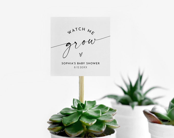 Baby Shower Favor Tag, Watch Me Grow, Plant Favor, Succulent Favor, Minimalist, Editable Template, Instant Download, Templett #0034W-151SF