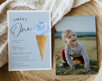 Ice Cream 1st Birthday Party Invitation Template, Sweet One, First Boy Birthday Invite, Instant Download, Editable, Templett #0035-130BD