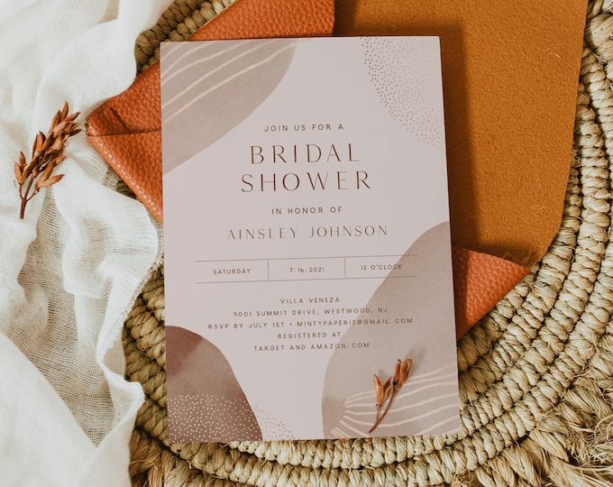 Modern Bridal Shower Invitation Template, Minimal Earthy Couples Shower Invite, Wedding Shower, 100% Editable, INSTANT DOWNLOAD #0016-293BS