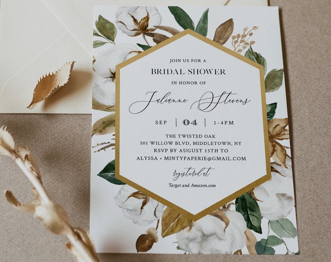 Bridal Shower Invitation Template, Magnolia and Cotton, Printable Couples Shower Invite, 100% Editable Text, INSTANT DOWNLOAD #015-218BS