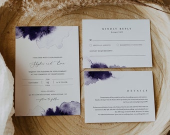 Purple Watercolor Wedding Invitation Set, Fall / Winter Romantic Wedding, Editable Template, Printable Invite, RSVP, Detail, Templett #0014B