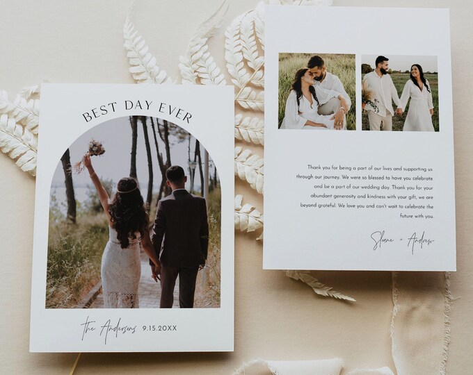 Modern Thank You Card Template, Arch Wedding Photo, 100% Editable, Minimalist Wedding Thank You, Flat Card, Instant, Templett #0026B-217TYC