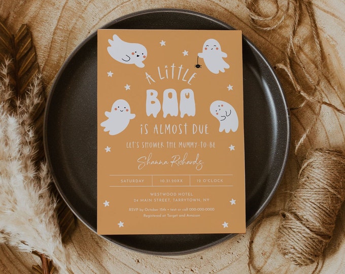 Halloween Baby Shower Invitation, A Little Boo Almost Due, Gender Neutral, Kawaii Cute Ghosts, Editable Template, Templett #0001-228BA
