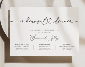 Modern Rehearsal Dinner Invite, Printable Minimal Rehearsal Invitation, Heart Script, Editable Template, Instant, Templett #013-170RD