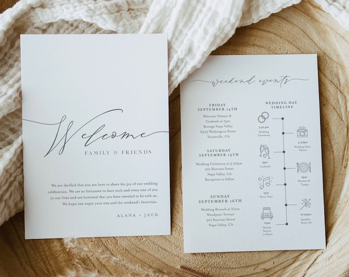 Minimalist Welcome Letter & Timeline Template, Wedding Order of Events, Itinerary, INSTANT DOWNLOAD, 100% Editable, Templett #0006D-183WB