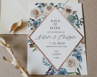 Save the Date Template, INSTANT DOWNLOAD, Printable Blue and Cream Floral, Wedding Date Card, Editable Text, Templett, 4x6 & 5x7 #077-152SD