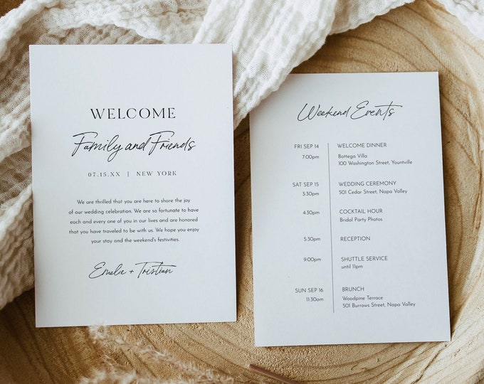 Modern Welcome Letter & Timeline Template, Minimalist Wedding Order of Events, Itinerary, INSTANT DOWNLOAD, 100% Editable Text #0024-175WB