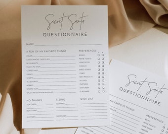 Secret Santa Questionnaire, Modern Christmas Gift Exchange Form, Company Holiday Party, Coworker Gift Swap, Editable Template 8.5x11 #106SSQ
