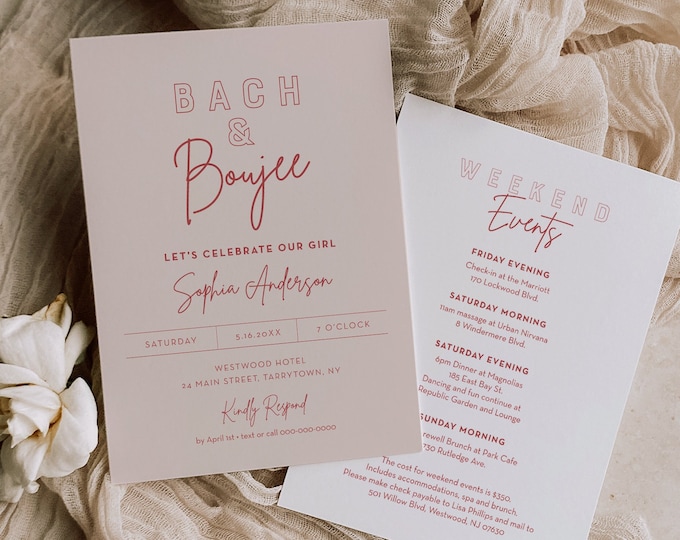 Bach and Boujee Invitation & Itinerary Timeline, Edgy, Modern Bachelorette Party, Editable Template, INSTANT Download, Templett #055-153BP