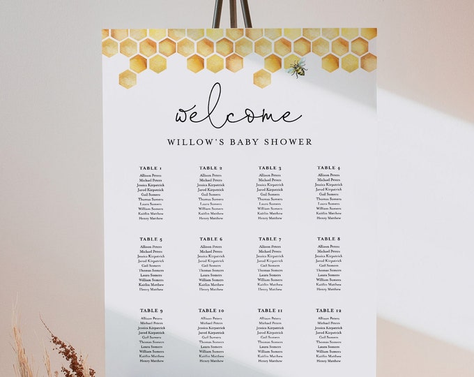 Honey Bee Seating Chart Template, Printable Baby / Bridal Shower Seating Sign Poster, Editable Text, Instant Download, Templett #097-297SC