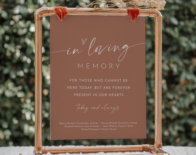 In Loving Memory Sign, Minimalist Wedding Memorial Table, Modern Script, Burnt Sienna, Editable Template, Instant, Templett #0034T-87S