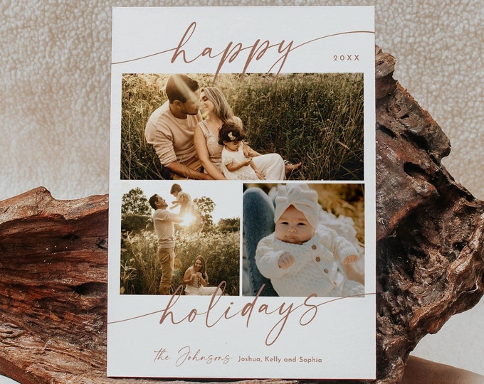 Boho Photo Holiday Card Template, Bohemian Christmas Card, Terracotta, Editable, Add Photo, Instant Download, Templett, 5x7 #0034T-171HP