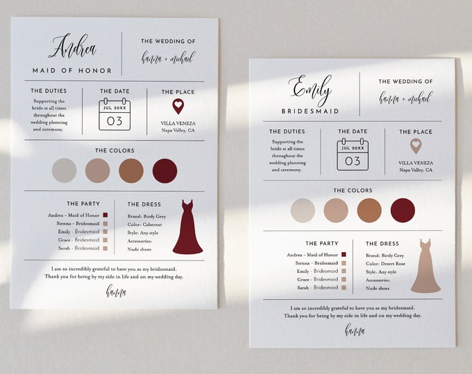 Bridesmaid Info Card Template, Minimalist Bridal Party Info Card, Modern Bridesmaid Infographic, 100% Editable Text, Templett #008-103BIC