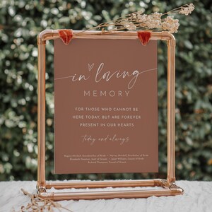 May include: A brown sign with white text that reads "in loving memory" and "For those who cannot be here today, but are forever present in our hearts. Today and always." The sign is on a copper stand.