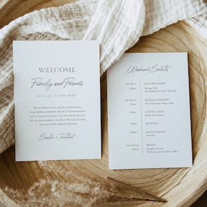 Carta de bienvenida moderna y plantilla de línea de tiempo, orden de eventos de boda minimalista, itinerario, DESCARGA INSTANTÁNEA, texto 100% editable #0024-175WB