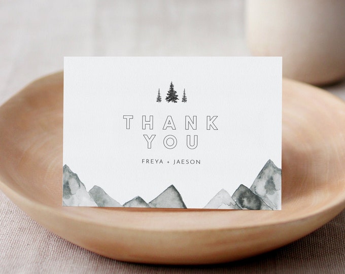 Mountain Thank You Card, Rustic Pine Wedding Thank You Note, Flat or Folded, Editable Template, Instant Download, Templett #0015-174TYC