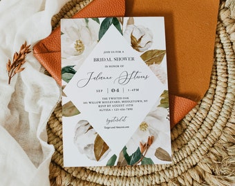 Bridal Shower Invitation, Editable Template, Southern Magnolia & Cotton Wedding Shower, Printable, Boho Bridal, Instant Download 015-217BS