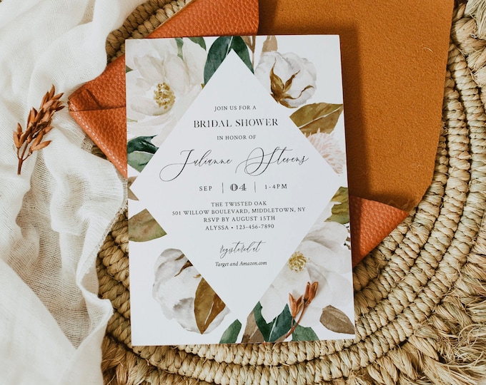 Bridal Shower Invitation, Editable Template, Southern Magnolia & Cotton Wedding Shower, Printable, Boho Bridal, Instant Download 015-217BS