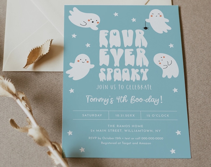 Halloween 4th Birthday Party, Four Ever Spooky Birthday Invitation, Boy Birthday, Cute Ghosts, Editable Template, Templett #0001-137BD